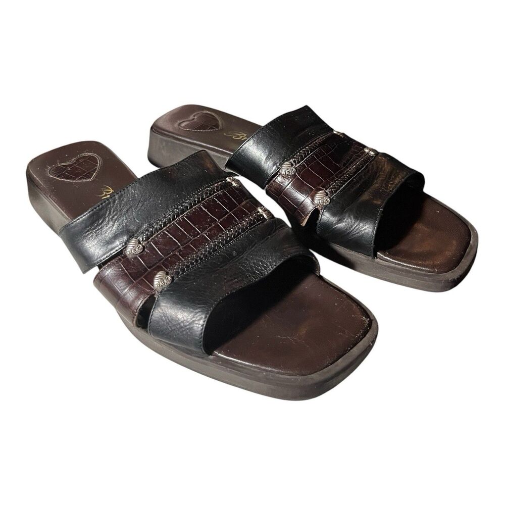 Brighton Women's Leather Slide Sandals Slip On Black Brown Heart Studs Size 7 M